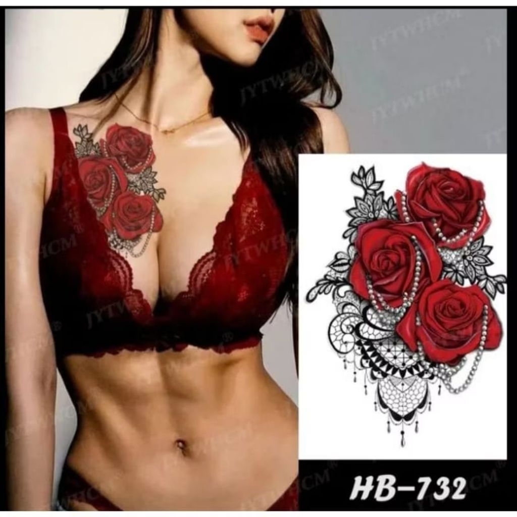 COD| TATO TEMPORER HB 732 MAWAR MERAH DARAH RANTAI CANTIK TAHAN LAMA ESTETIK SUPER KEREN TATTO TEMPO