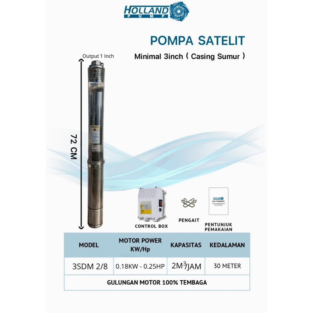 Pompa Air Listrik Sibel Holland Pump Submersible 3 inch 0.25 HP