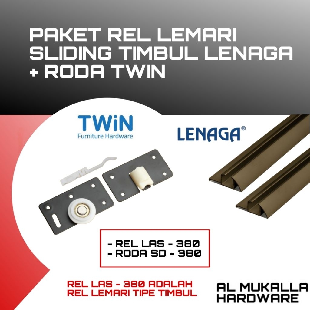 Paket Rel Lemari Sliding Timbul LAS - 380 Lenaga - Rel Lemari Geser / Sliding Dengan  Roda Sliding S