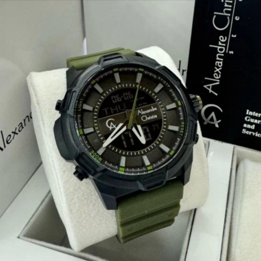 JAM TANGAN PRIA ORIGINAL ALEXANDRE CHRISTIE AC9375MH BLACK GREEN RUBBER STRAP