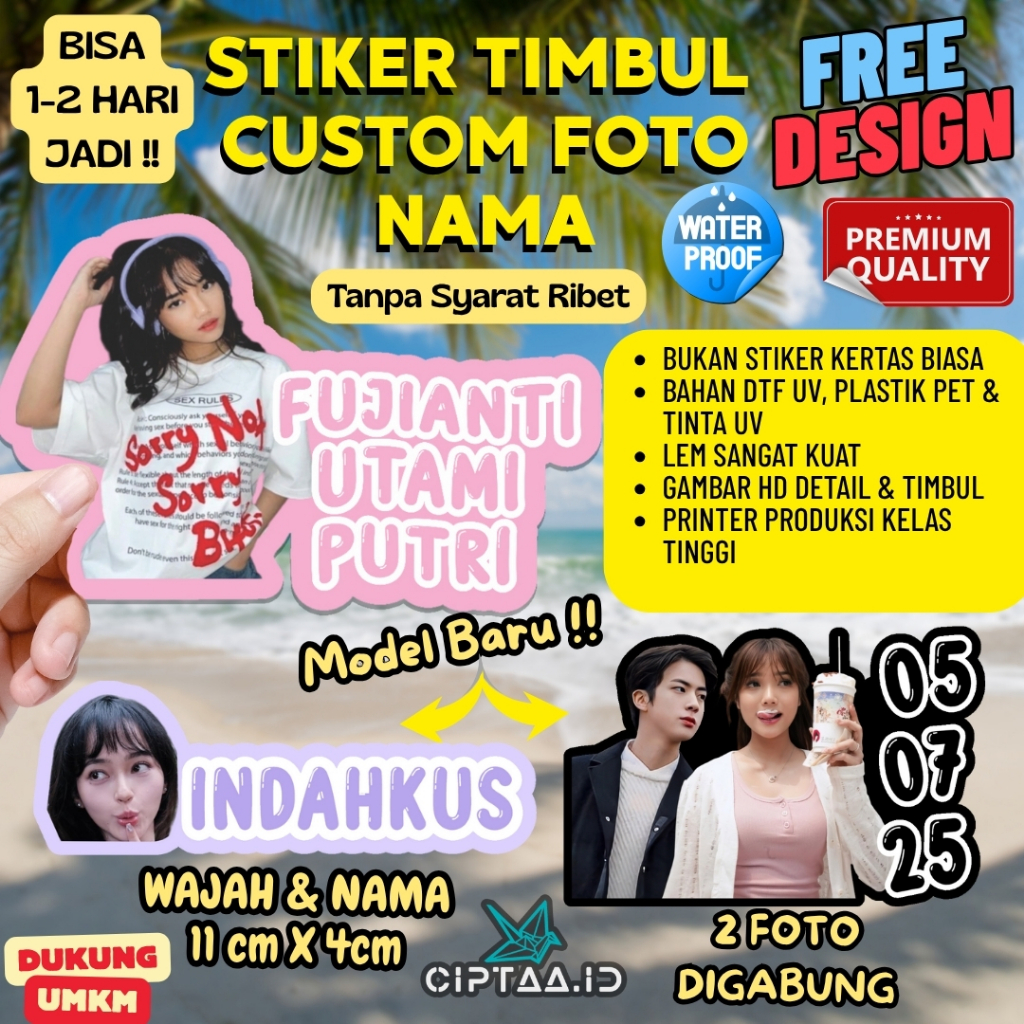 

(SATU-SATUNYA) Stiker TIMBUL Custom Foto Nama PREMIUM WATERPROOF - STIKER MOTOR HELM HANDPHONE