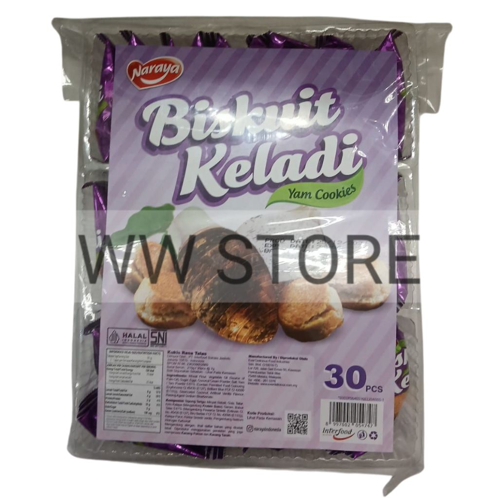 

Biskuit kukis rasa ubi talas halal MUI Naraya Yam Cookies 210g ( 30pcs x 7g )