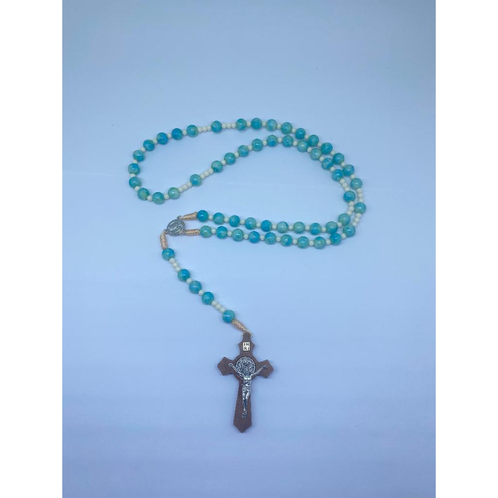 Kalung Rosario Benedict Bahan Batu Biru Gradasi