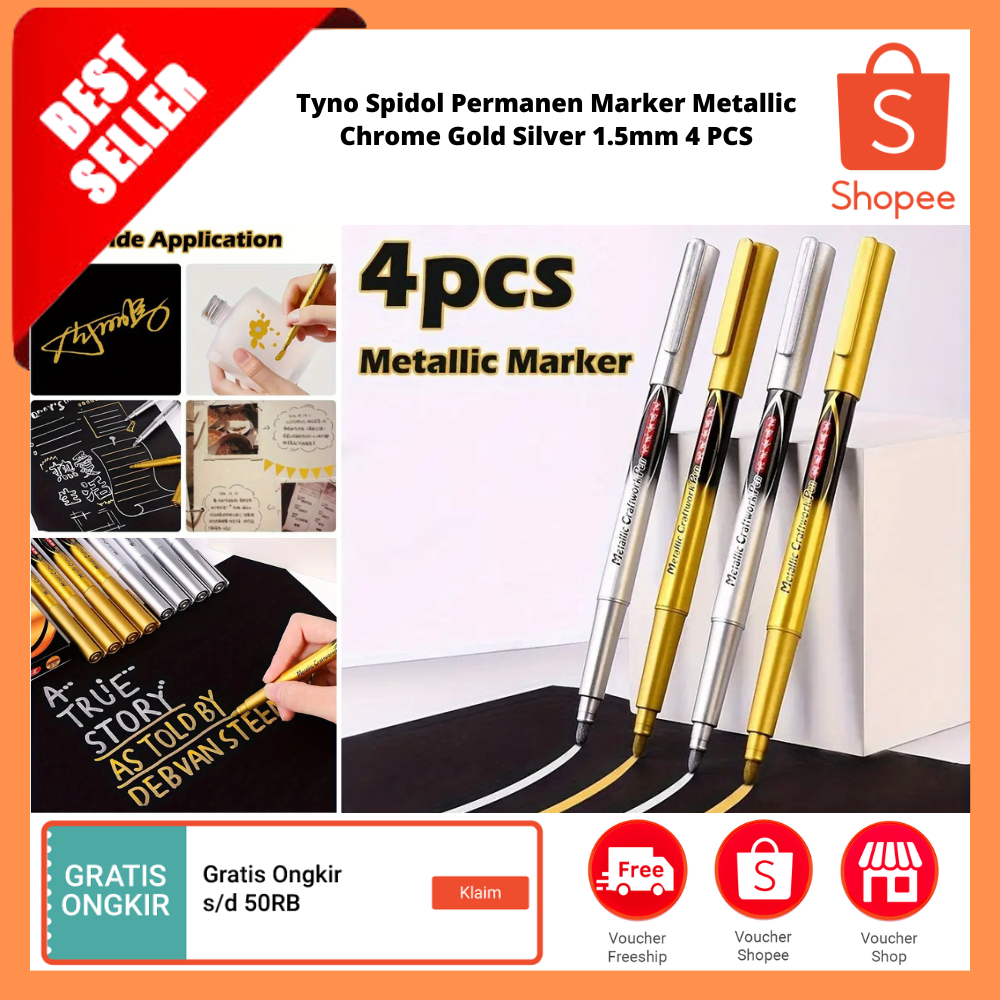 

Spidol Permanen Marker Metallic Chrome Gold Silver 1.5mm 4 PCS / Spidol Cat Metalik Tinta Permanen