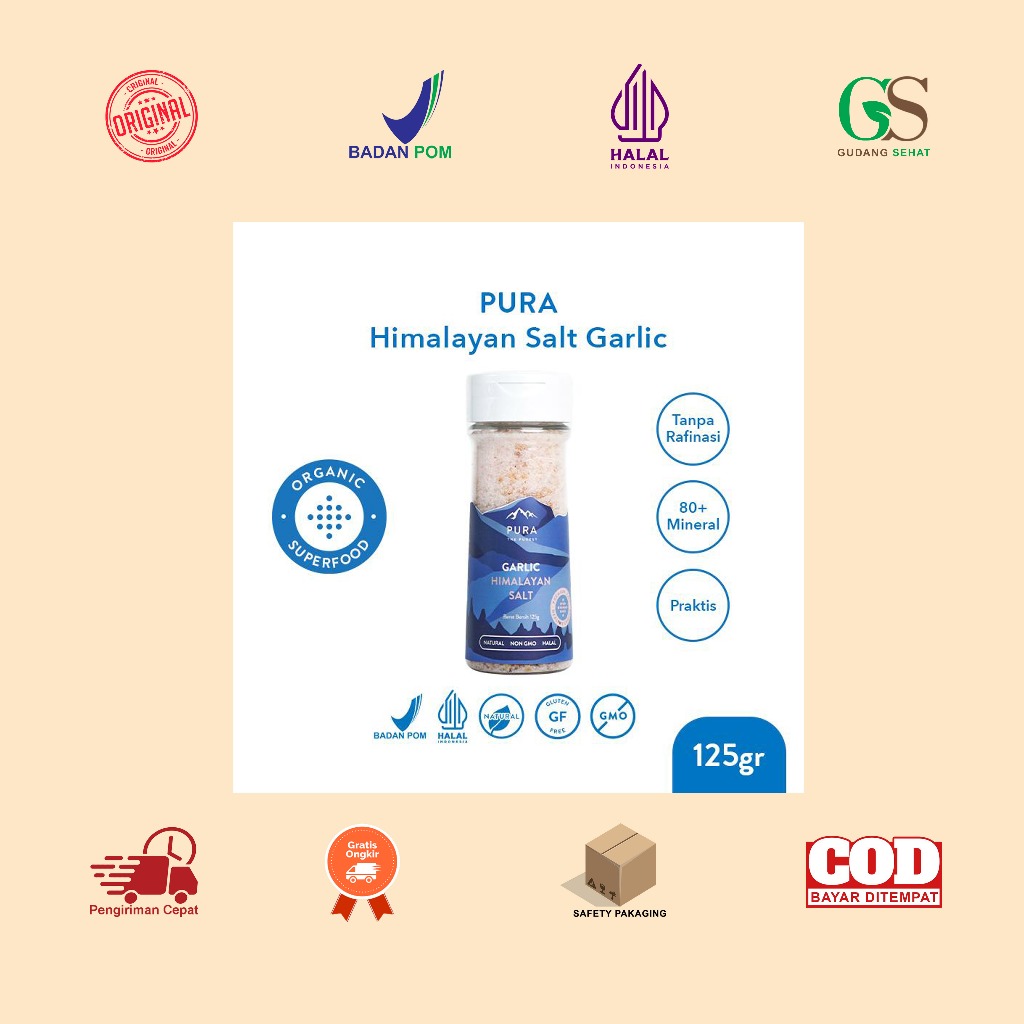 

Manado Pura Himalayan Salt Garlic 125 Gram - Garam Himalaya - Organik - Natural - Tanpa Rafinasi - Rendah Natrium