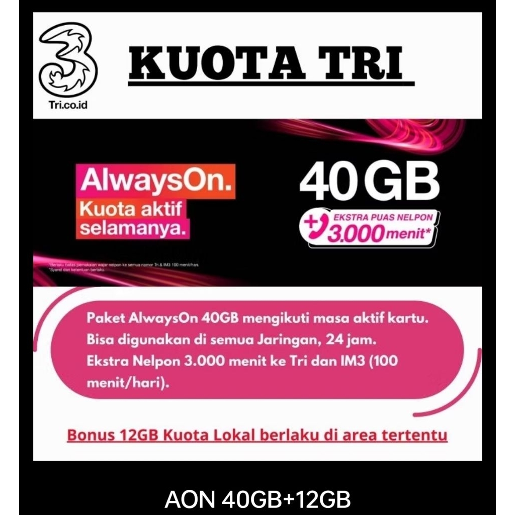KUOTA TRI AON 52GB (40+12)GB