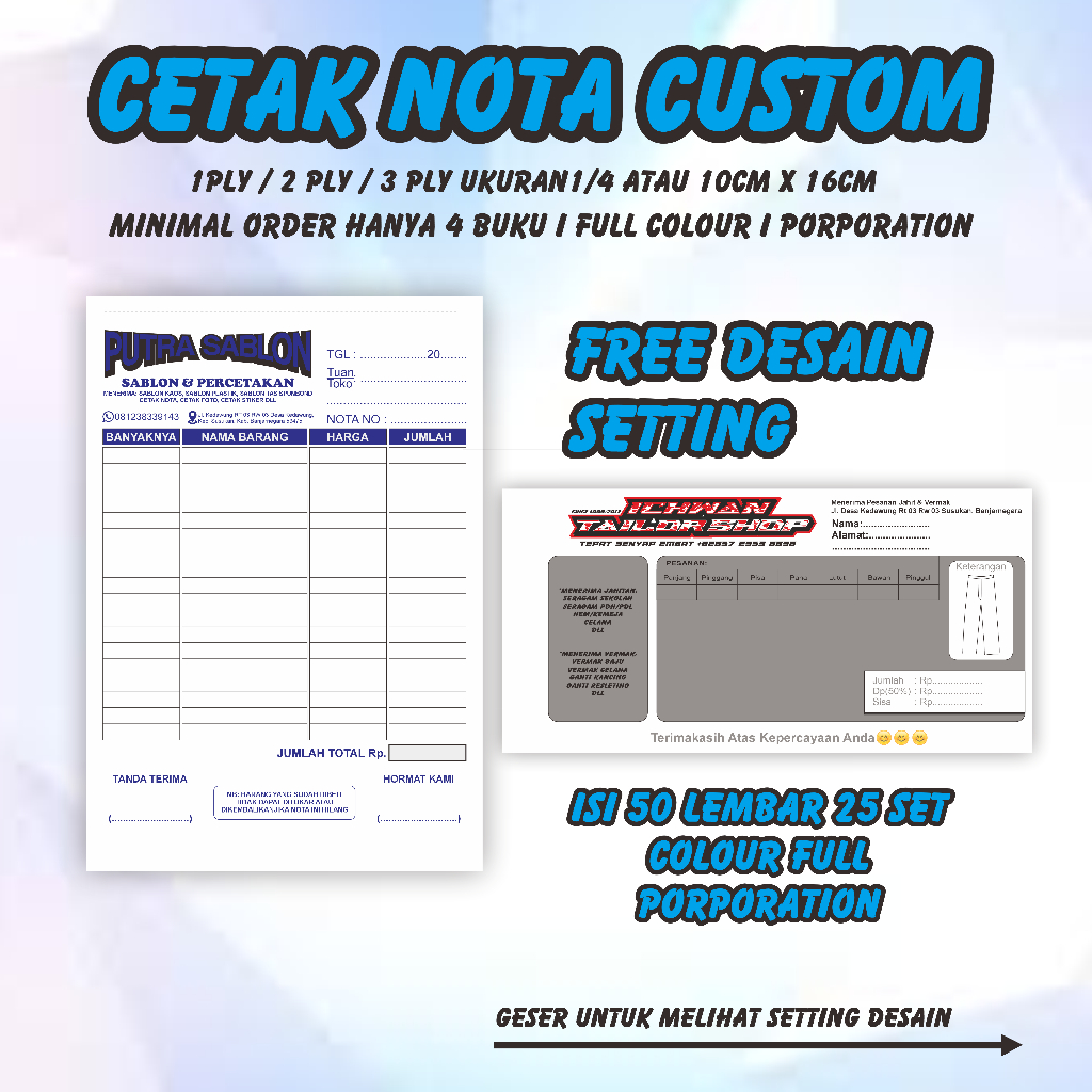 

NOTA CUSTOM / CETAK NOTA / NOTA 2 PLAY / NOTA CUSTOM / NOTA KONTAN / NOTA 1/4