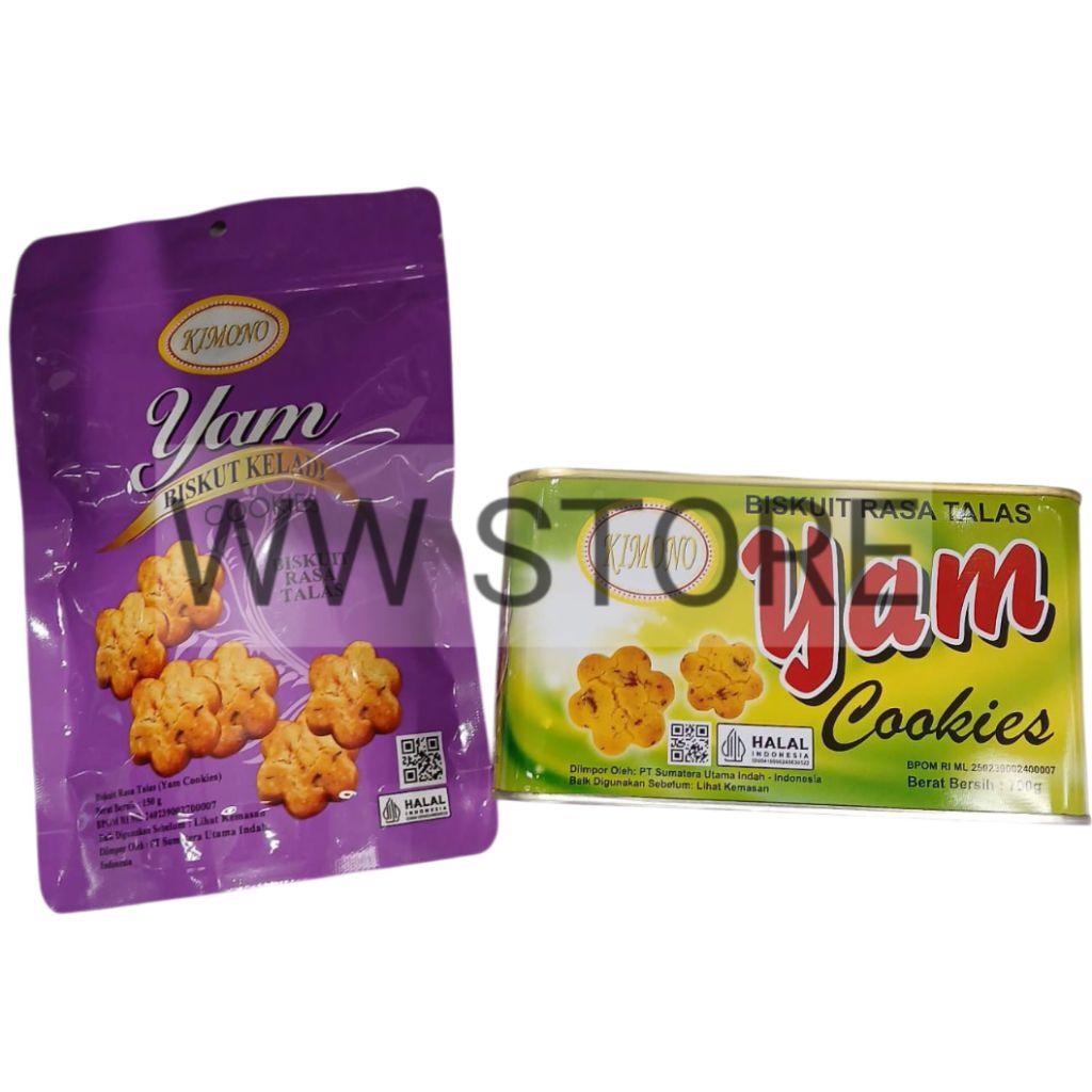 

Biskuit rasa ubi talas keladi halal MUI KIMONO Yam Cookies kemasan pouch 150g kaleng tin 700g