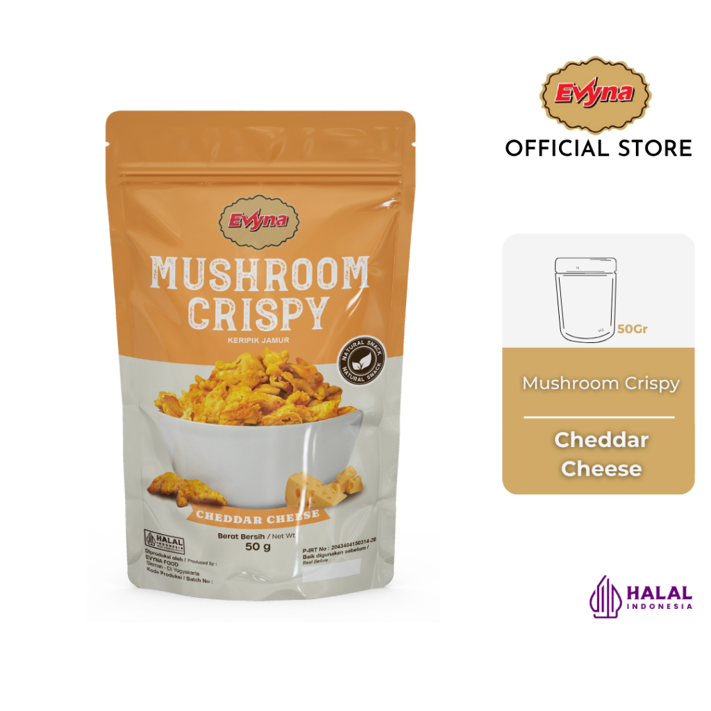 

Evyna Mushroom Crispy Keripik Jamur Rasa Keju Cheddar Cheese 50 gram