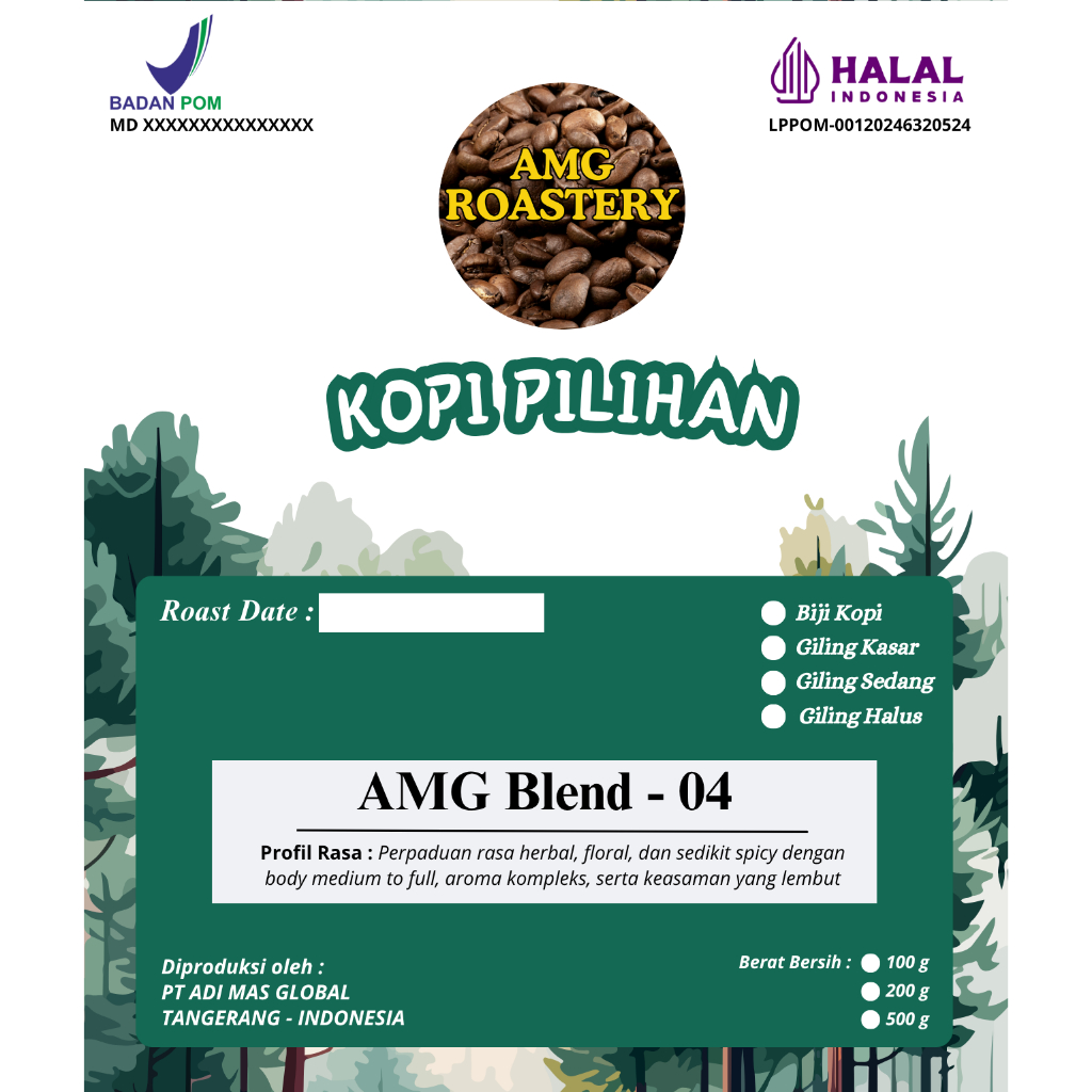 

Kopi Premium Blend AMG-04/Arabika Sidikalang + Toraja + Lintong – Biji atau Bubuk - 100g / 200g / 500g – Fresh Roast, Halal & BPOM