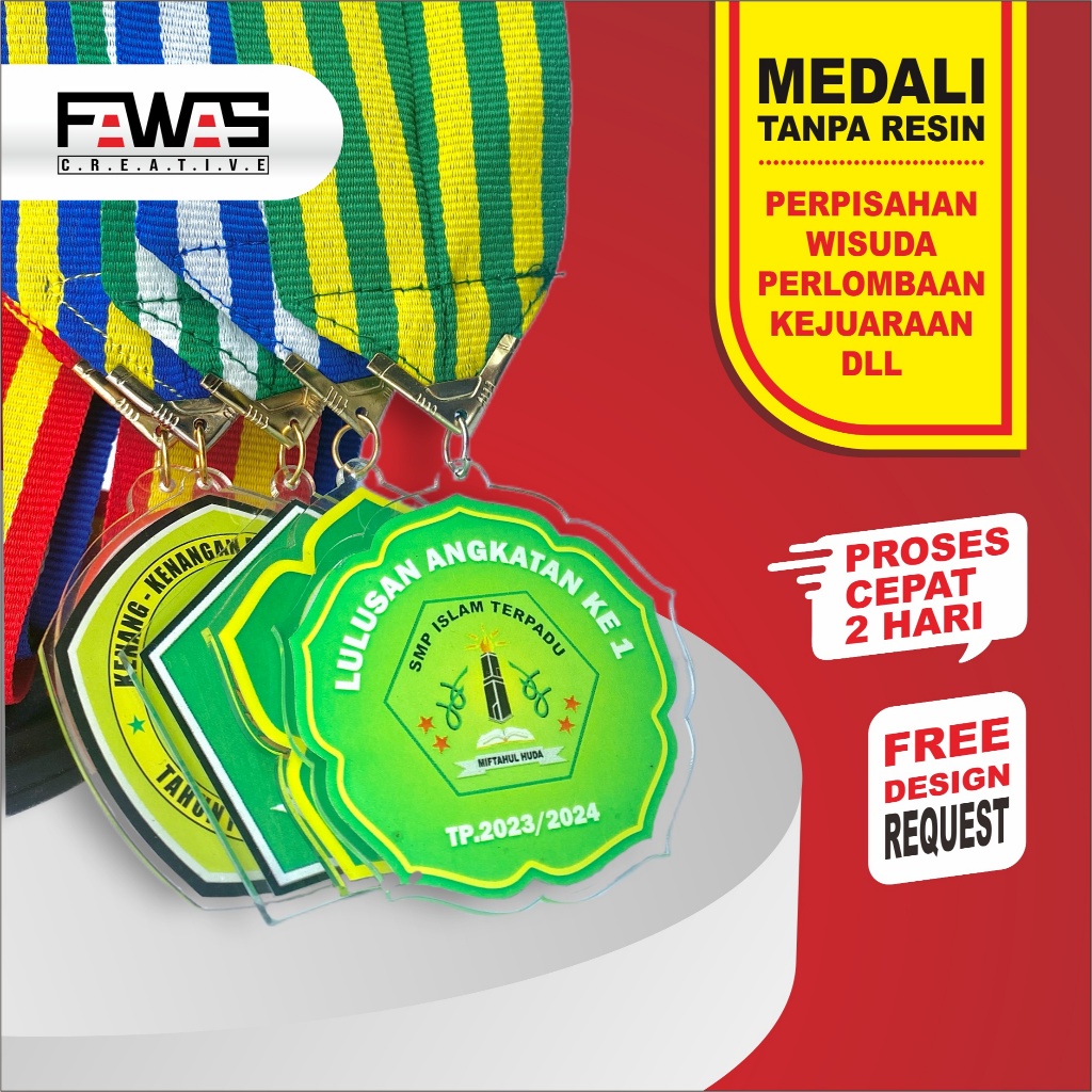 MEDALI WISUDA TK/SD/SMA/WISUDAAN AKRILIK TANPA RESIN CEPAT