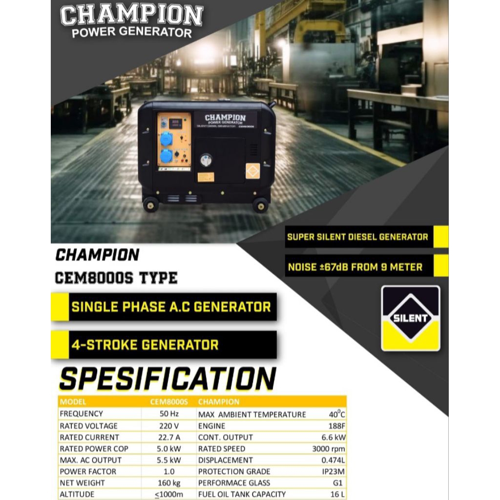 GENSET SILENT DIESEL 5000 WATT CHAMPION CEM8000S/GENSEY MINI PORTABLE