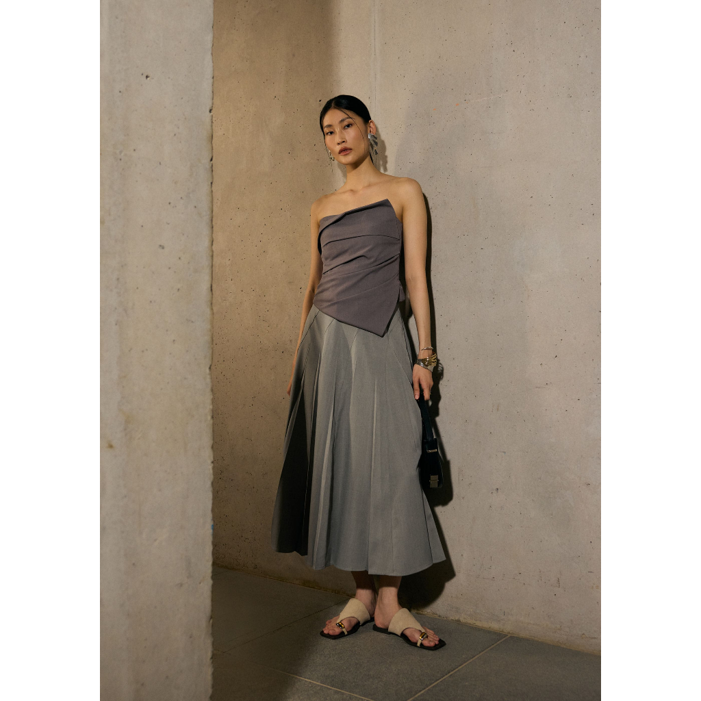 Love Bonito - Atasan Wanita - Sarita Asymmetric Pleated Tube Top - Pewter