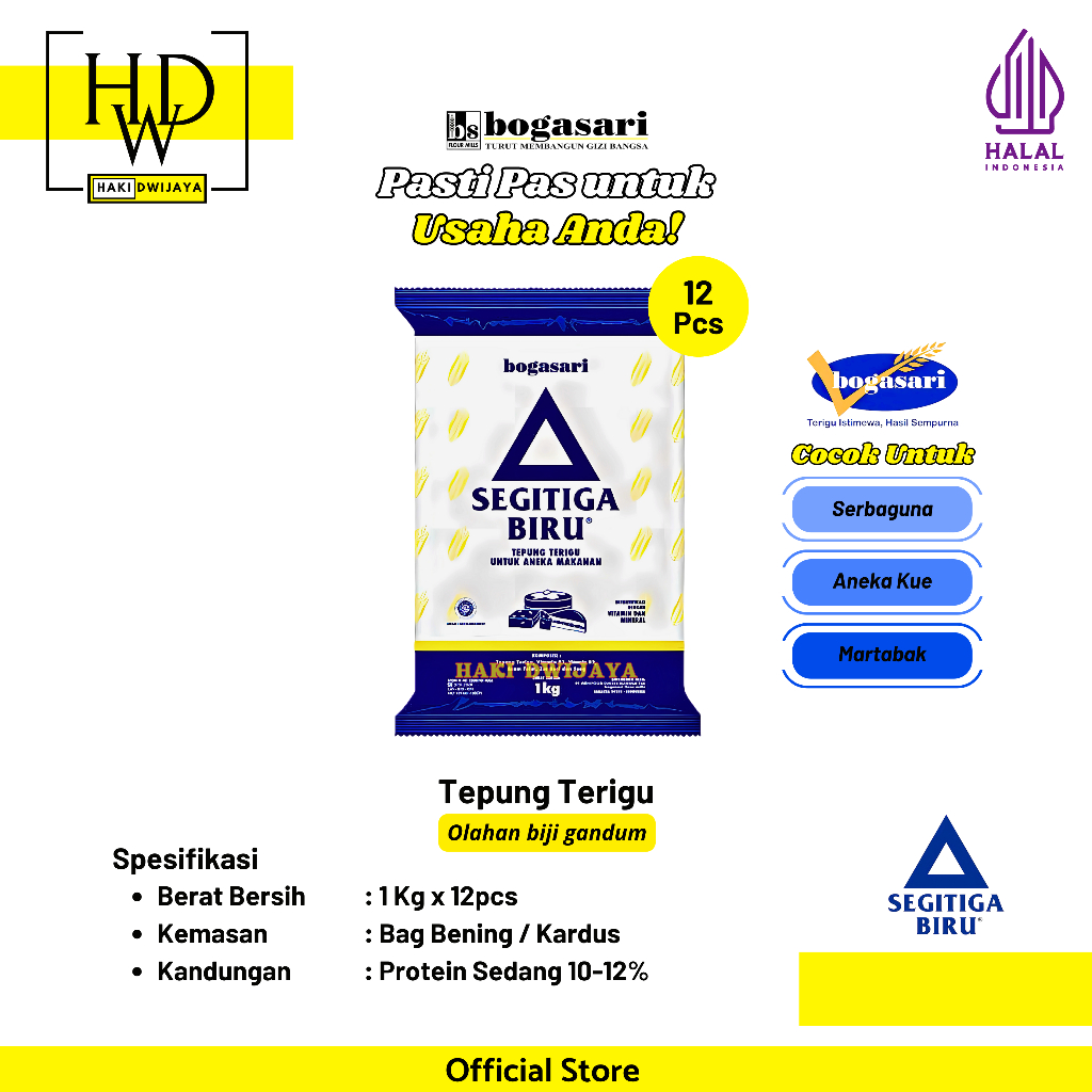 

Bogasari Segitiga Biru Tepung Terigu Protein Sedang Serbaguna untuk Kue, Gorengan & Makanan Rumahan 1Kg x 12pcs