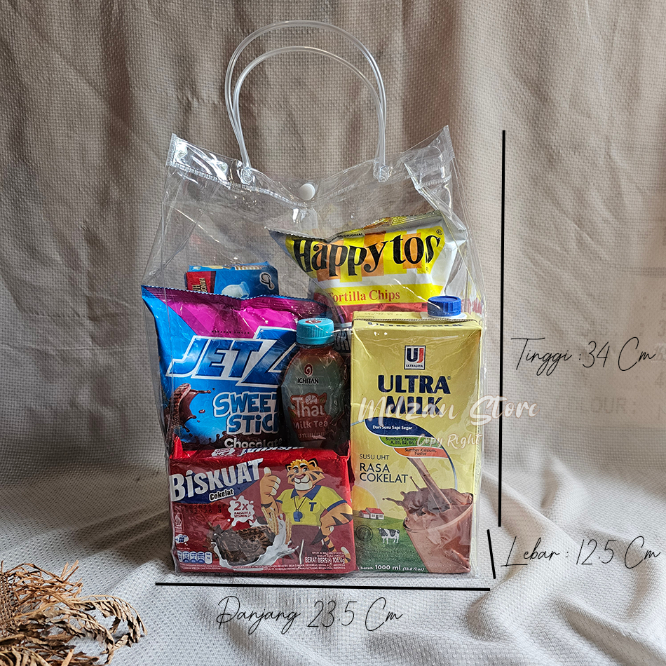 

Melzan Store - Bag Transparan Hampers Tas Mika PVC Totebag Bening Transparan Tote Bag Hampers Kosmetik Skincare Kado Snack Ulang Tahun Sovenir Pernikahan