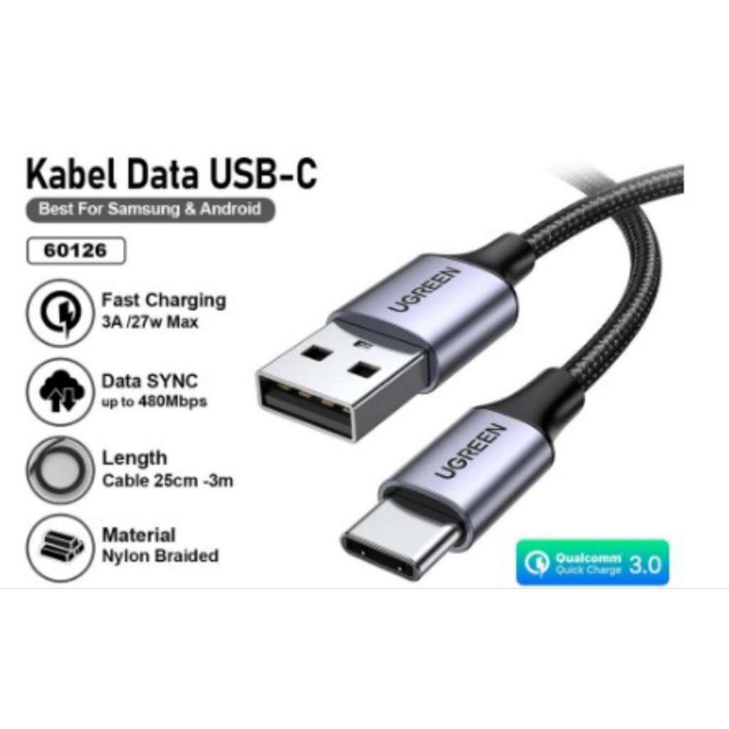 UGREEN 60126 Kabel Data USB Type C Fast Charging Nylon Braided, 2M