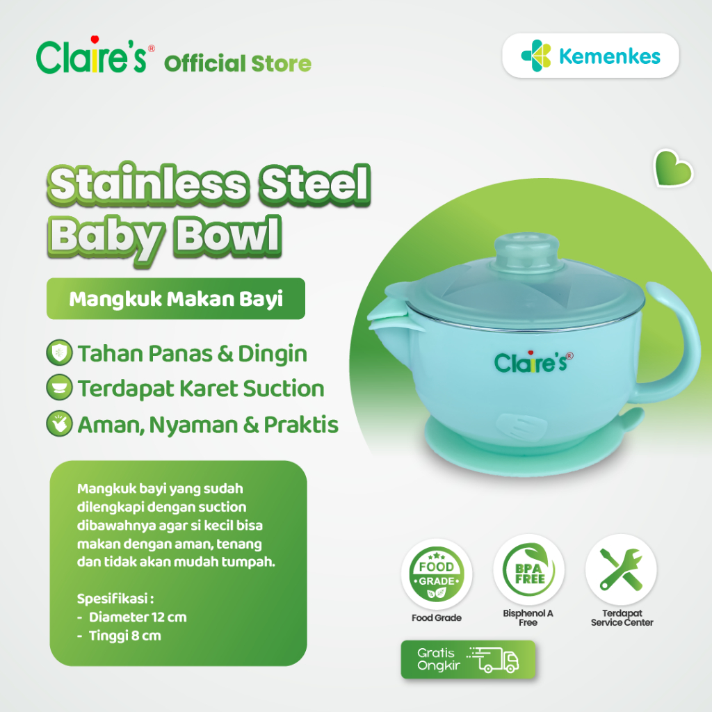 Claire's Stainless Steel Baby Bowl ( Kids stainless steel suction bowl with hot water tank / Mangkuk