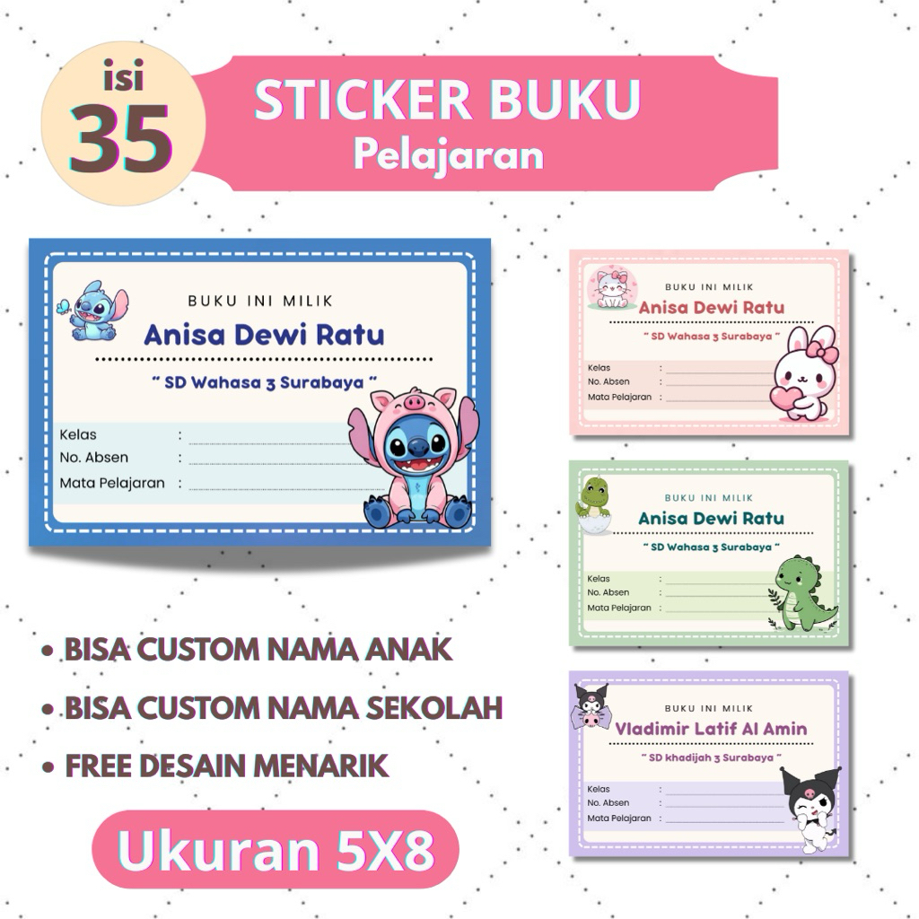 

35 PCS STICKER LABEL BUKU SEKOLAH PELAJARAN TERBARU KEKINIAN LILOSTICH,LABUBU,DINO FREE CUSTOM