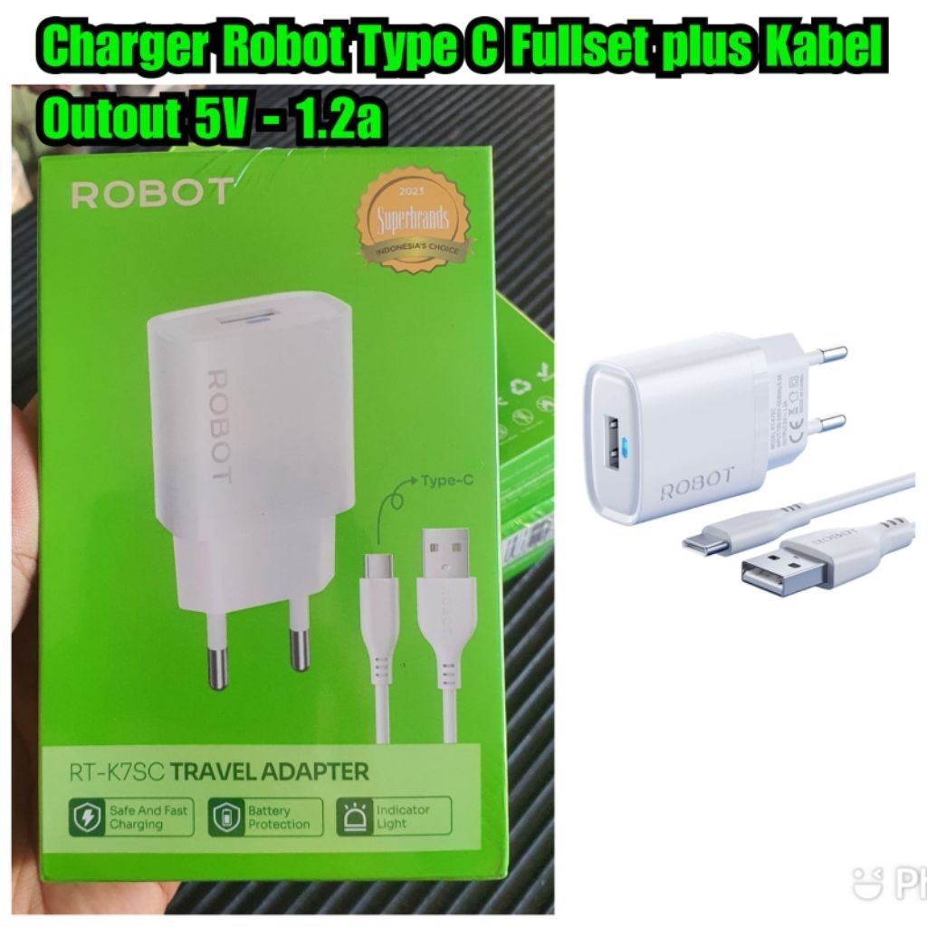 Charger robot rtk7s type c 5v 1.2 a cas sepaket adaptor dan kabel type c robot original chargeran ty