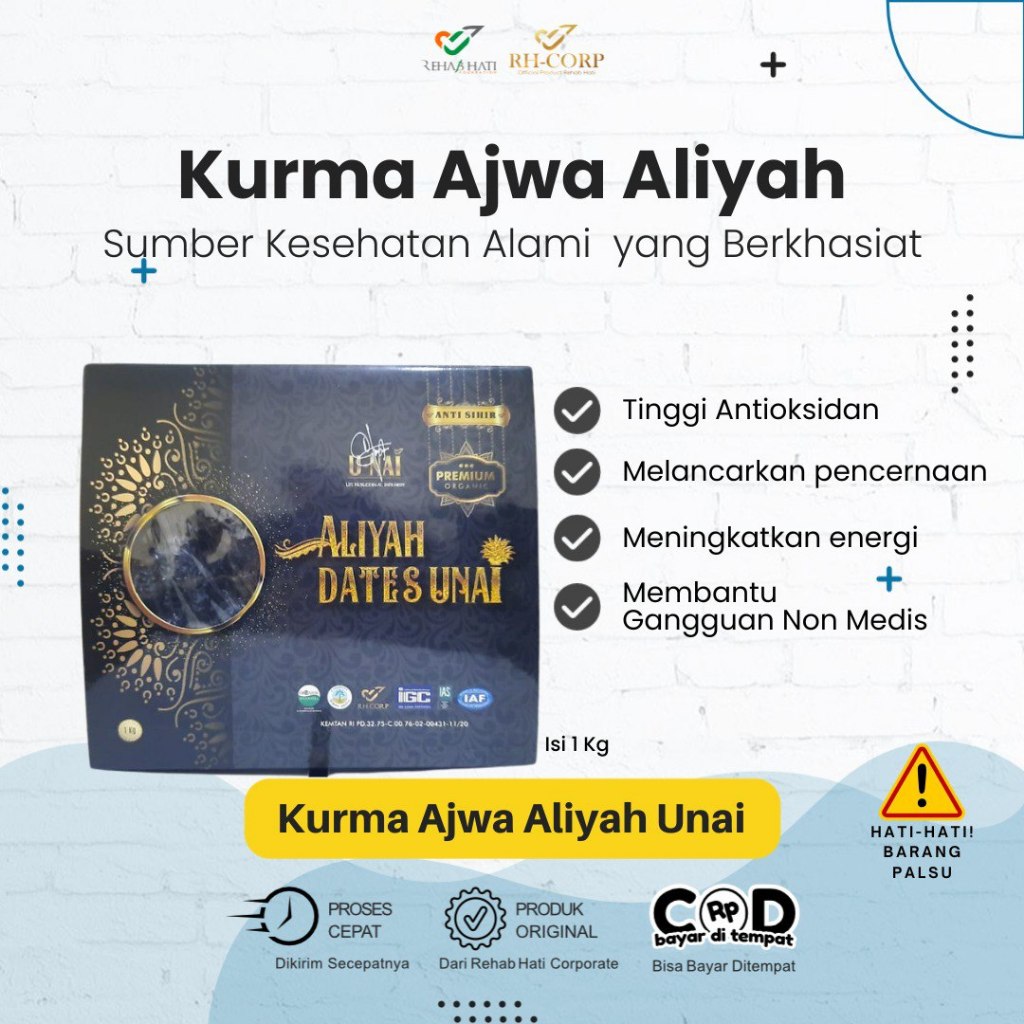 

Kurma Ajwa Aliyah UNAI – 100% Organik Bersertifikat (Indonesia & Arab Saudi) – Premium Rehab Hati