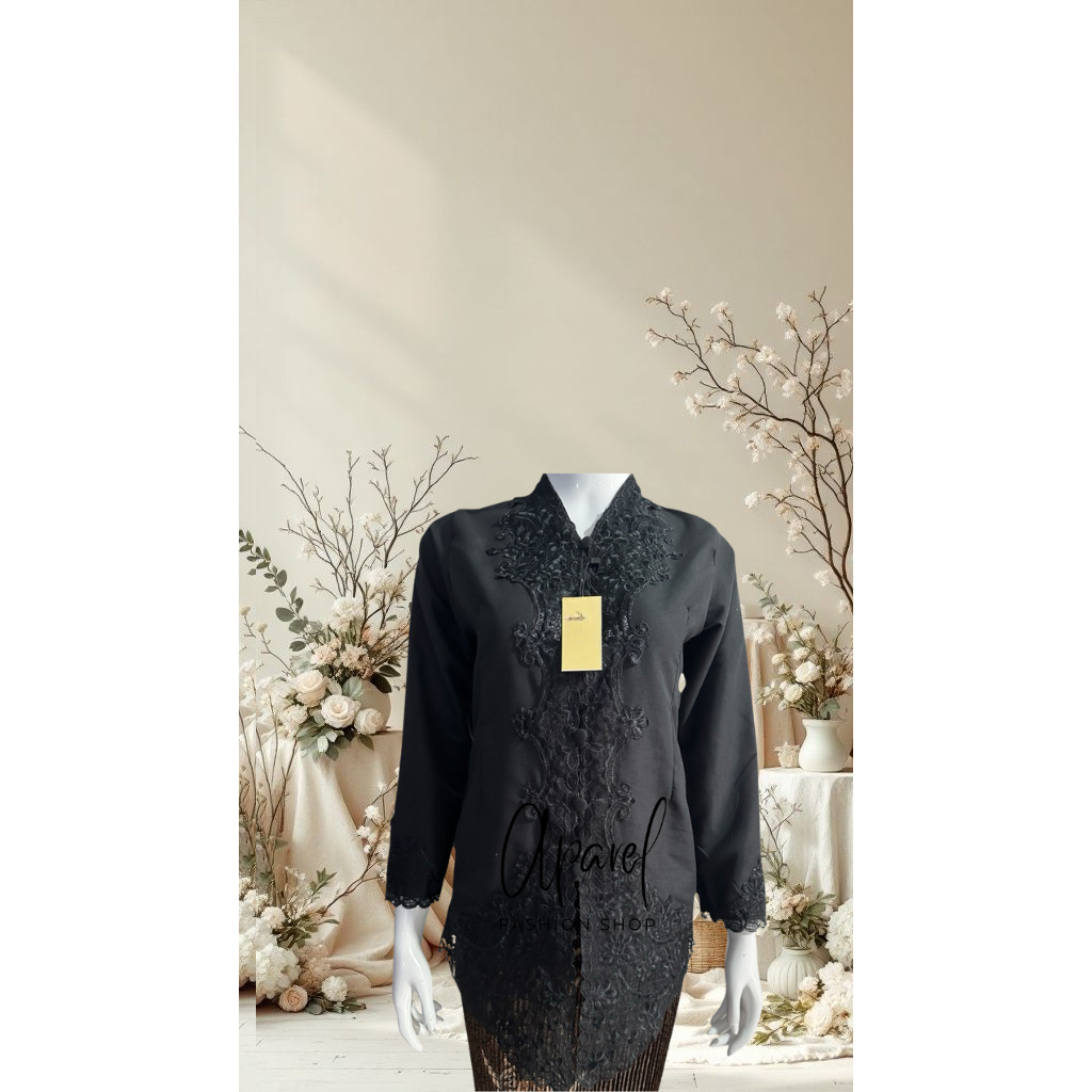 Kebaya Encim Hitam Bordir Senada Lengan Panjang