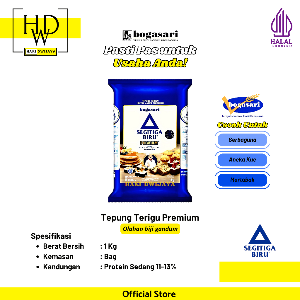 

[1kg] Bogasari Segitiga Biru Tepung Terigu Premium Protein Sedang Tekstur Lebih Halus & Bersih