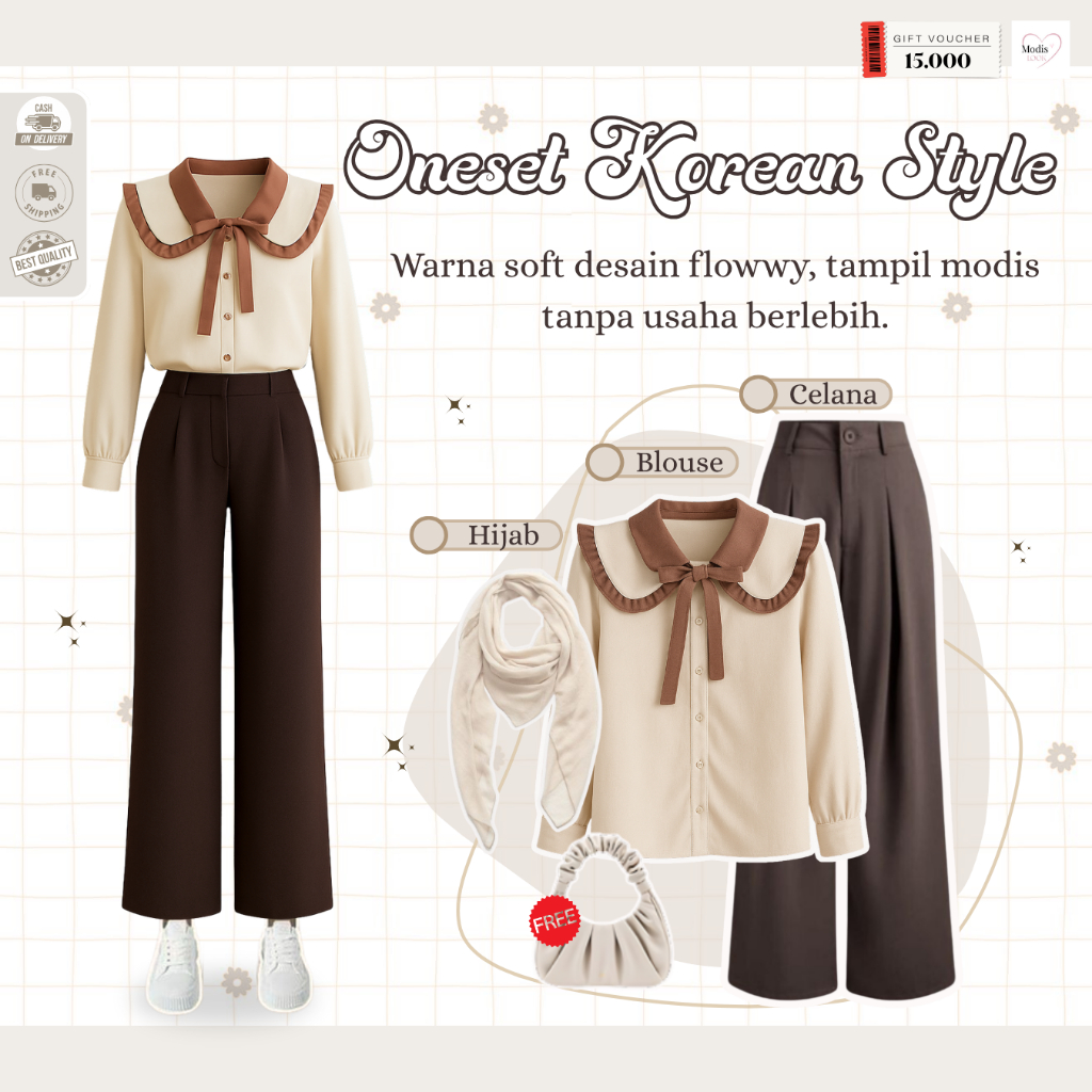 Cedy One Set Wanita Kekinian Korea Hijab (Hijab + Blouse + Celana ) One Set Wanita Kekinian - ML63