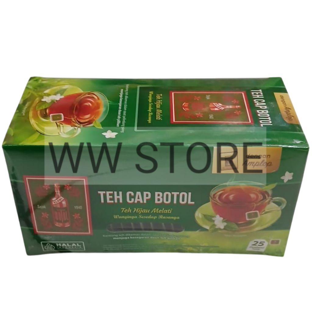 

Teh hijau celup aroma melati dalam kantong amplop halal MUI CAP BOTOL 50g ( 25 enveloped teabags x 2g )