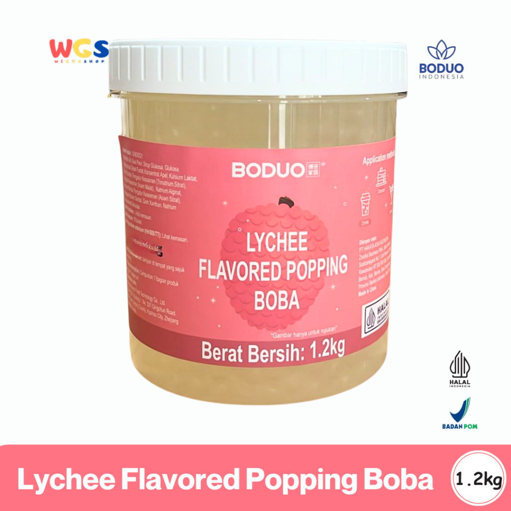

BODUO Lychee Flavored Popping Boba 1.2kg - Boba Rasa Leci Siap Pakai untuk Minuman dan Dessert