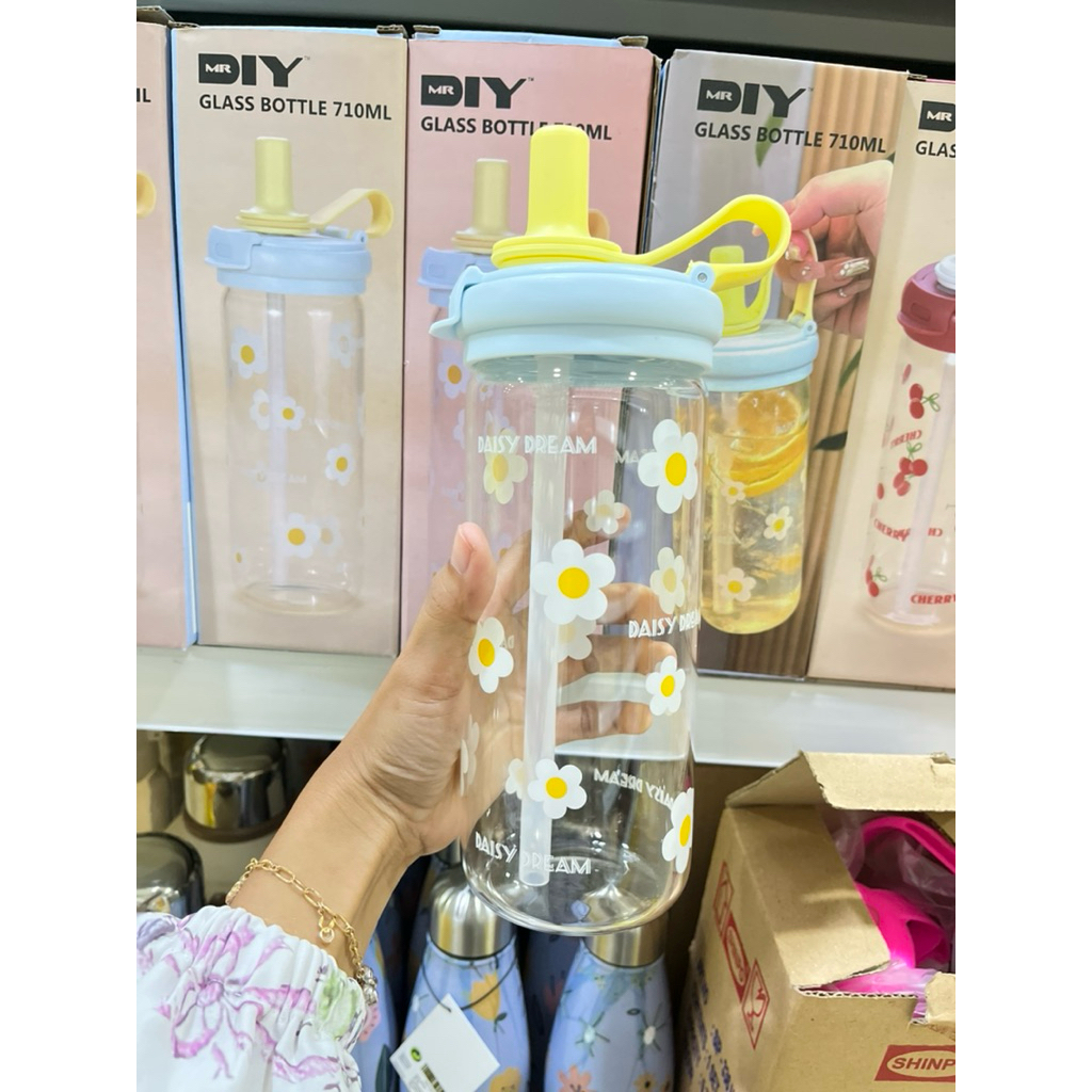 TUMBLER KACA 710ML DAISY PREMIUM /BOTOL AIR MINUM KACA MOYIF CHERRY/GLASS BOTTLE MOTIF BUNGA