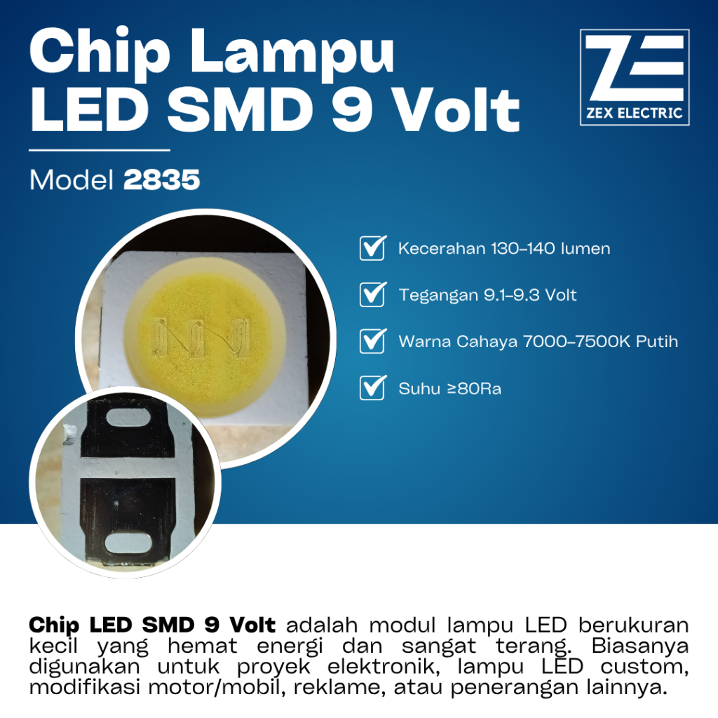 100pcs Chip LED SMD 2835 9V 130-140 Lumen ZEX Electric - LED Module White 7000K Berkualitas Tinggi