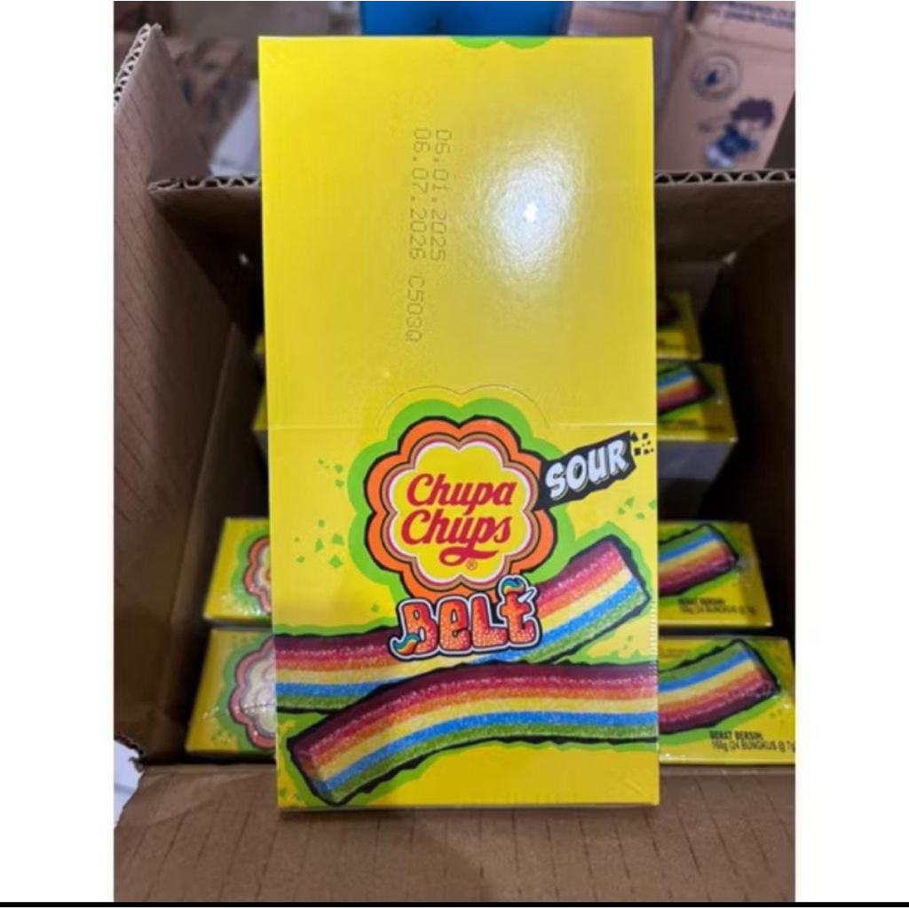 

Chupa Chups Sour Belt Soft and Chewy 8g 1 Box isi 24 Pcs - Permen Jeli Rasa Aneka Buah