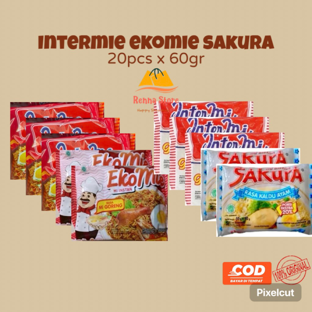 

(Jatim) 20pcs INTERMIE EKOMIE Goreng Pedas x SAKURA Kuah Kaldu Ayam 60gr Food Noodles Instan