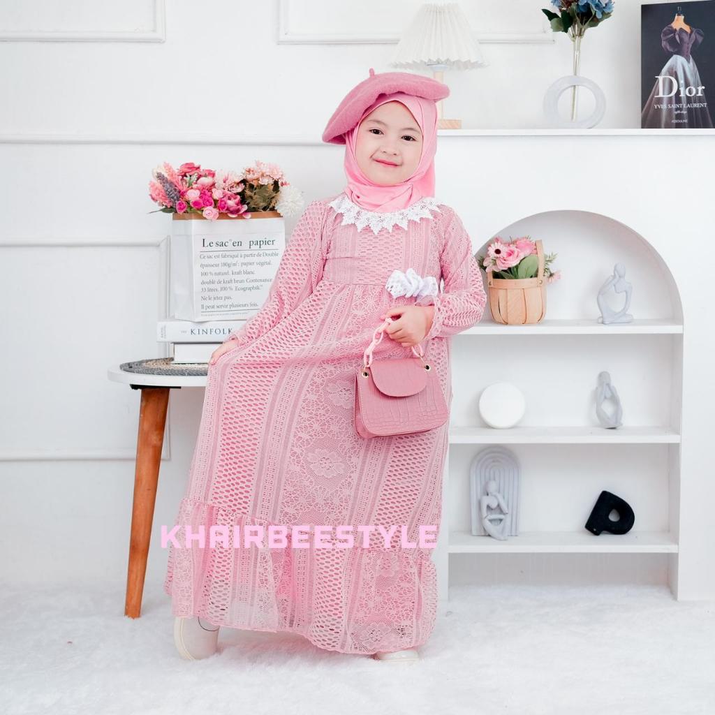 Baju gamis dres anak tren terbaru dan kekinian salma kids set hijab usia 1-10 tahun bahan burkat mal