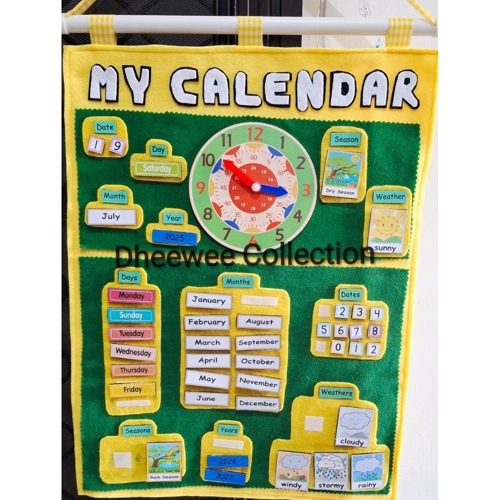 

(flanel print) mainan edukasi kalender flanel print dan belajar jam anak,calendar toy and clock