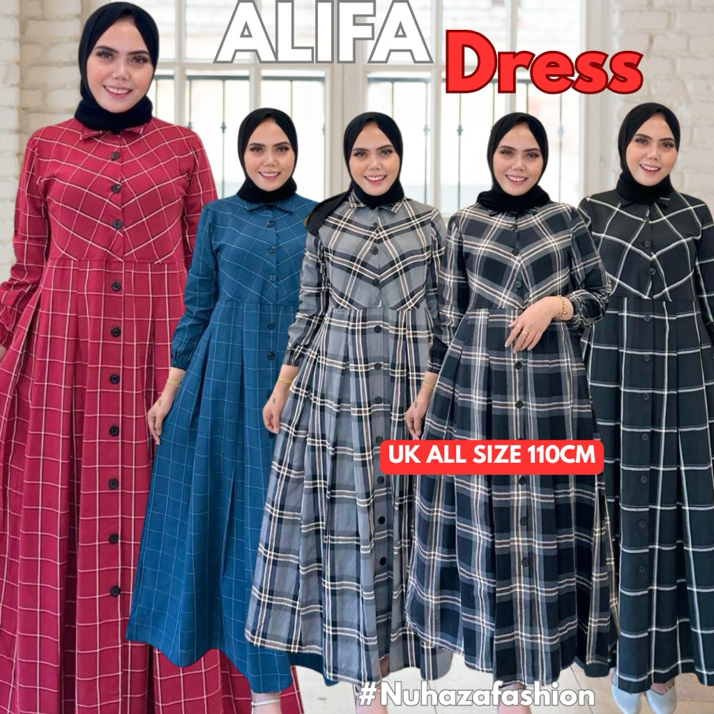 baju alifa gamis dress bahan katun flanel garment motif kotak import ukuran lebar dada 110CM tersedi