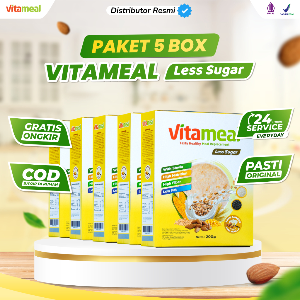 

VITAMEAL LESS SUGAR 5 BOX - Sereal Sehat Multigrain Rendah Gula Membantu Menurunkan Kolesterol Hipertensi Sesak Nafas Menyehatkan Jantung Makanan Sehat bisa Untuk Diet Meal replacement oat Cemilan Pengganti Tanpa Efek Samping