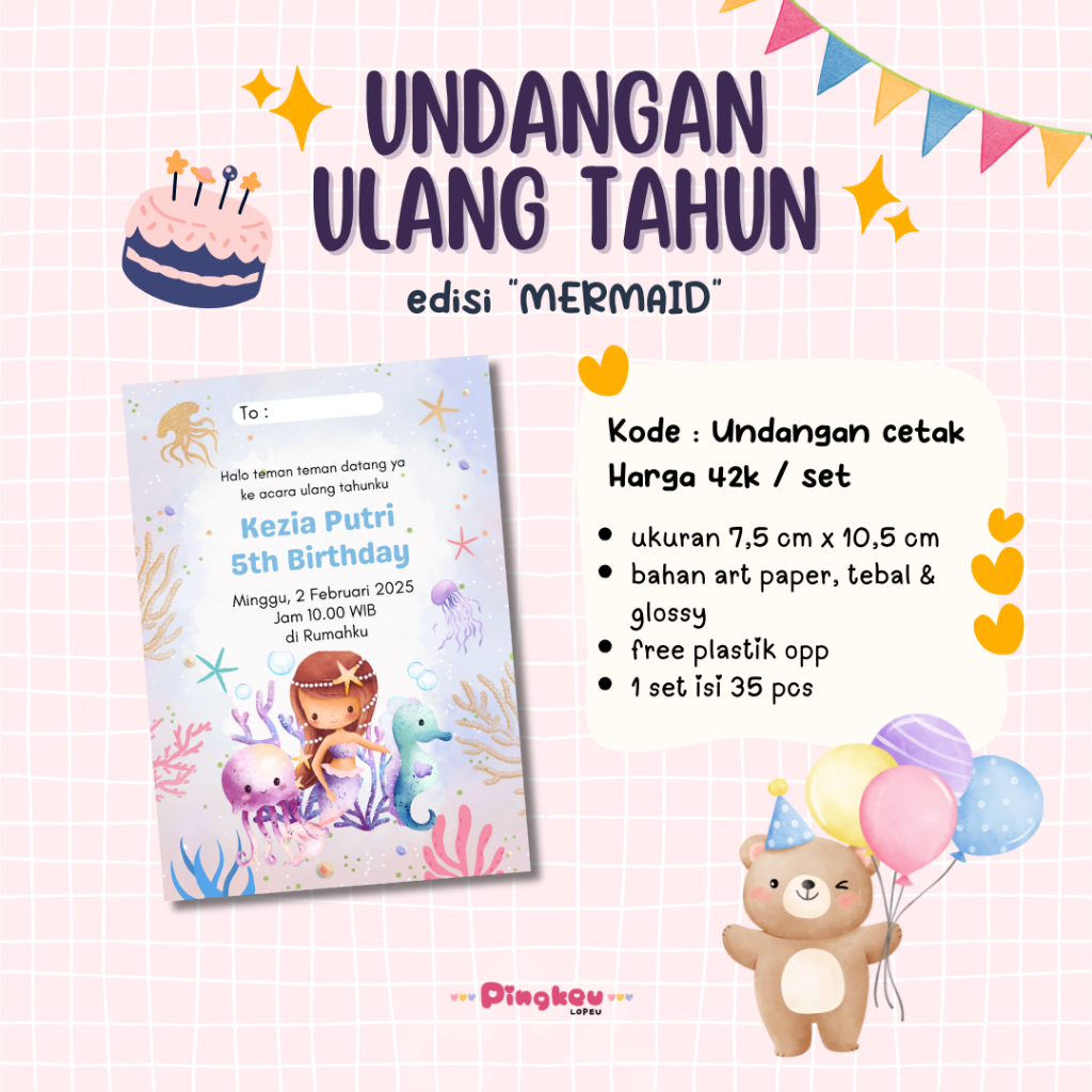 UNDANGAN ULANG TAHUN ANAK/UNDANGAN ULANG TAHUN PUTRI DUYUNG/KIDS INVITATION CARD/KIDS INVITATION CAR