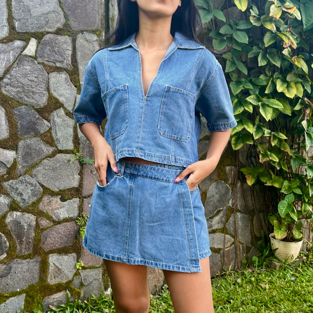 Amoreleaa -  Lili Denim Blouses / One Set Atasan dan Rok Celana Denim Wanita