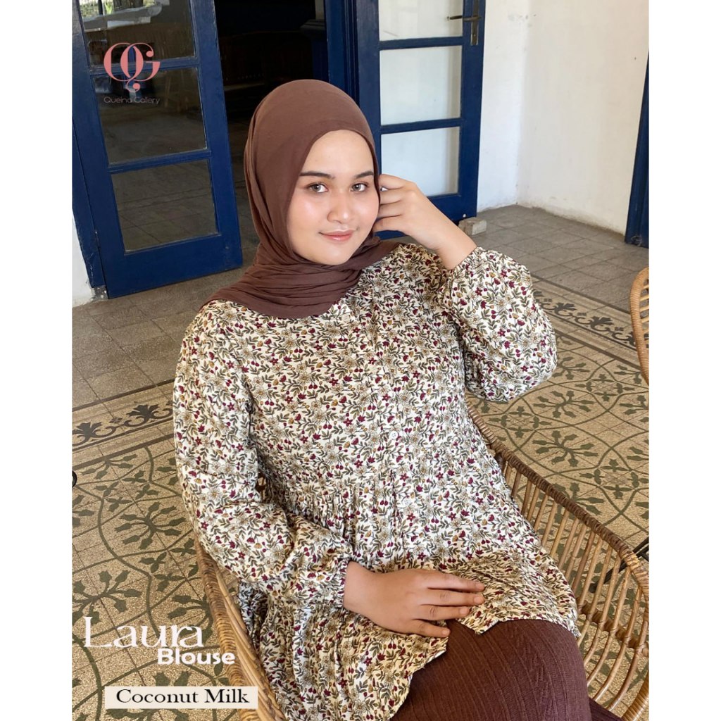 Blouse Motif Bunga Rayon Twill Premium Adem Laura Blouse Atasan Wanita Rayon Queina