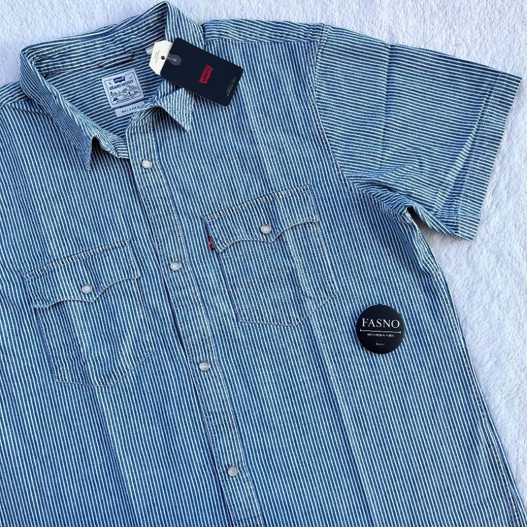 NEW & ORIGINAL LV"S Classic Western SS shirt DENIM,[ STONE Snap Buttons ].  Blue white Denim.
