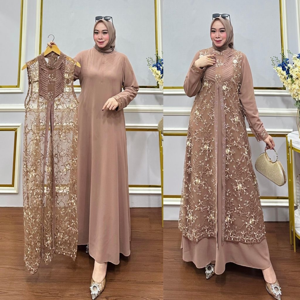 Gamis Long Dress Brokat Rompi Tone Bunga Zahra Premium