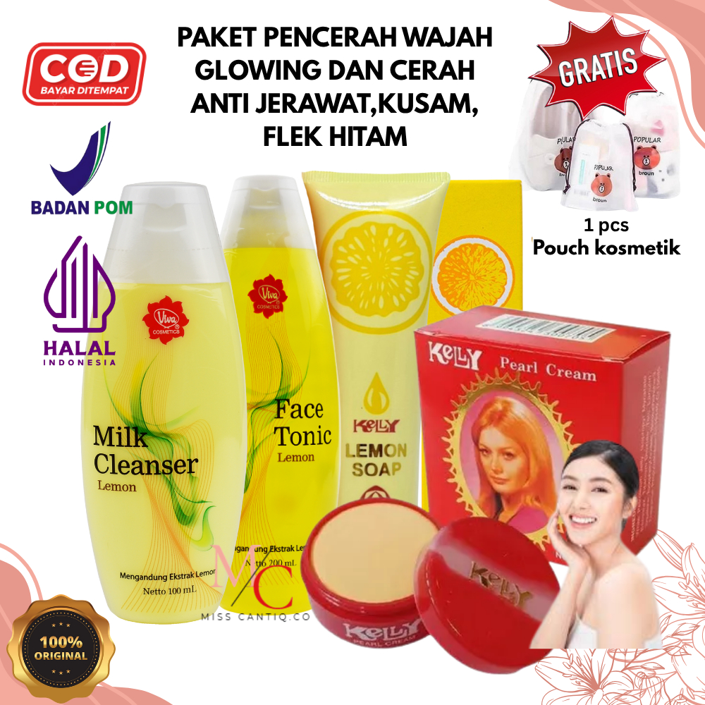 [ORI BPOM] Paket Skincare Anti Jerawat & Flek Hitam-Kelly Cream,Lemon soap,Viva Lemon, Glowing Cerah