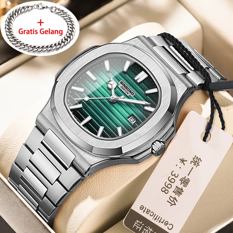 BINBOND Quartz Watch Men Luminous Business Waterproof Watch Green Stainless Steel Mens Wristwatch