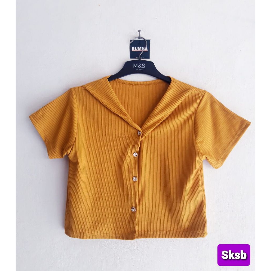 kaos crop garis / kaos crop wanita / kaos salur kancing/Kaos Crop Kancing