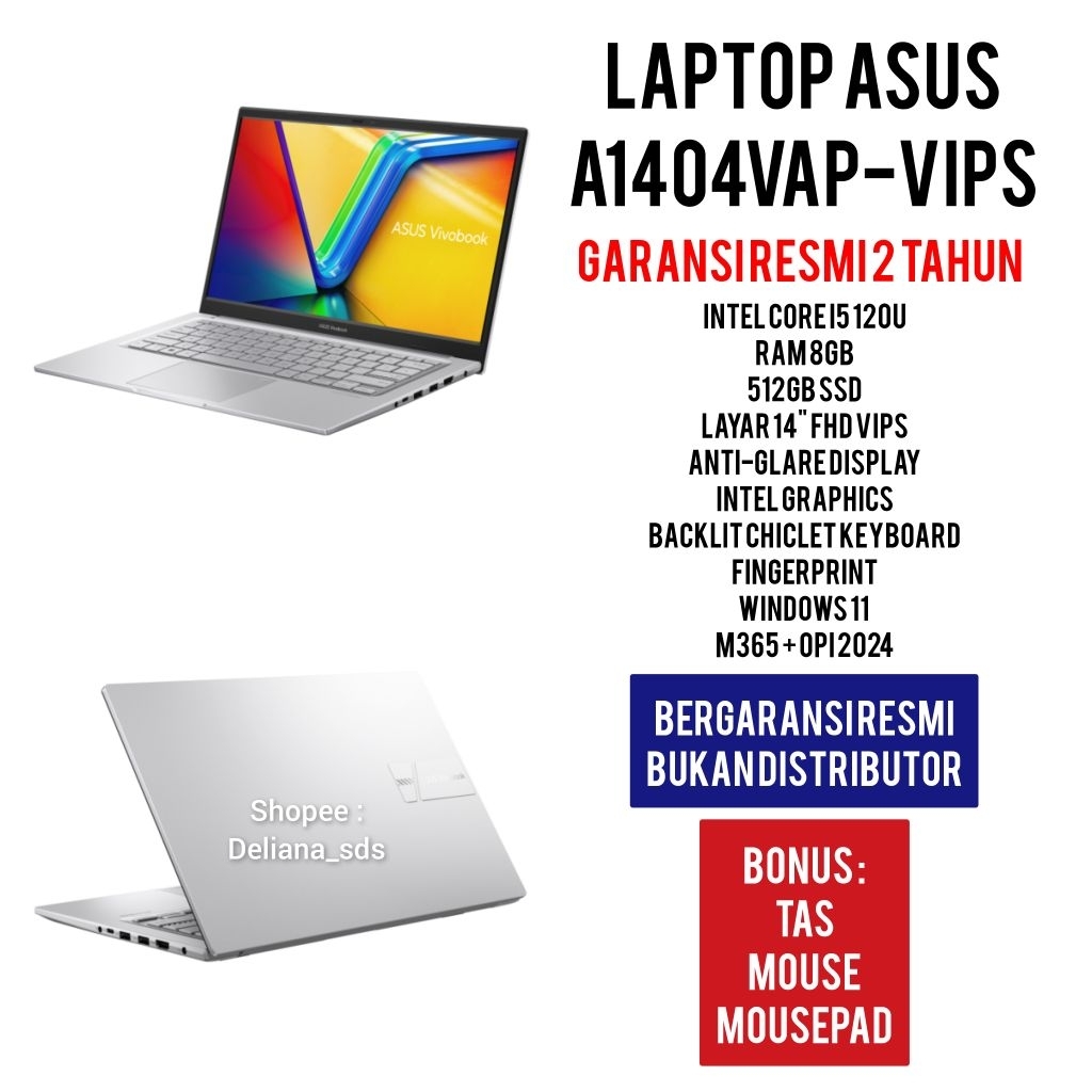 Laptop Asus Vivobook 14 A1404VAP VIPS Intel Core i5 120U 8GB/512GB SSD 14" FHD VIPS Garansi Resmi 2 