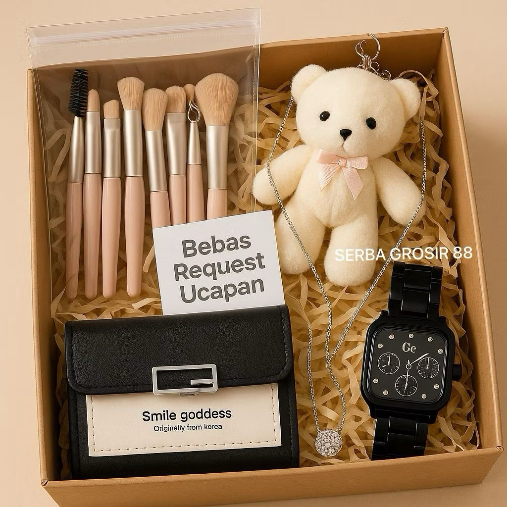 

Kado Ulang Tahun Cewek - free coklat/permen-Gift Set Isi Jam ,Brush , Dompet, Kalung Titanium, Boneka