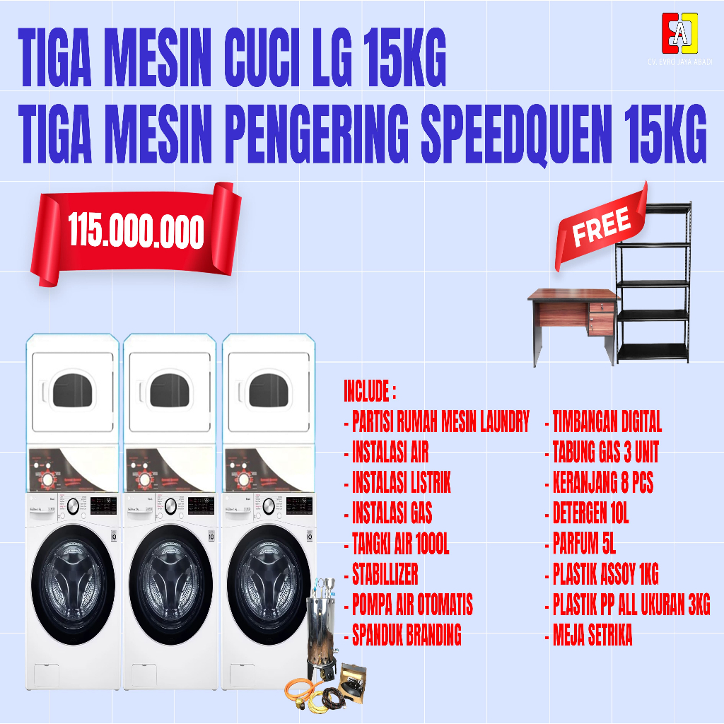 Paket Usaha Laundry 3 Unit Mesin Cuci LG 15 KG & 3 Unit Dryer SpeedQueen 15 KG dan Boiler 10 Liter