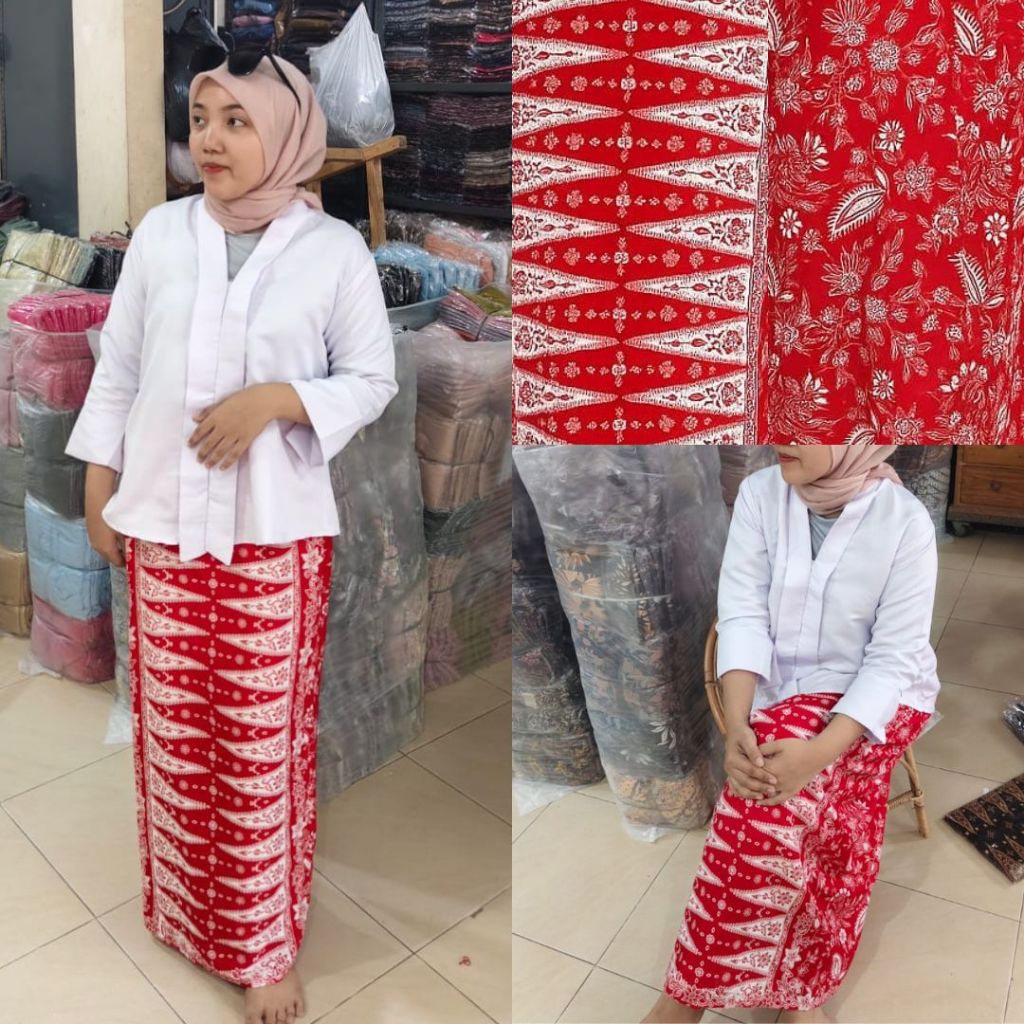 Setelan Kebaya Floy Dan Rok Span Batik Tumpal Sogan Betawi MERAH PUTIH