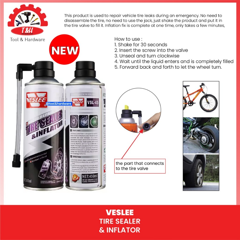 VESLEE Tire Sealer & Inflator 450ml / Cairan Tambal Ban Tubeless Bocor / Aman untuk Sepeda Motor Mob